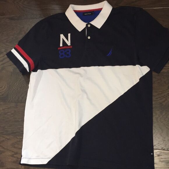 Nautica Sailing N 83 sewn Blue white red golf polo 4th of July shirt XXL(XL) - Picture 1 of 4